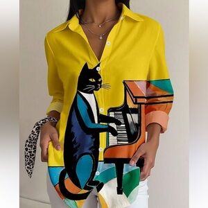 Unbranded Colorful Cat and Piano Print Shirt
